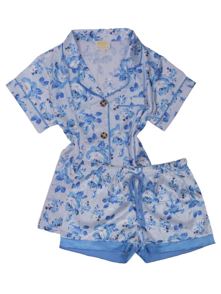 Blue Flower Silky Button Pj Short Set