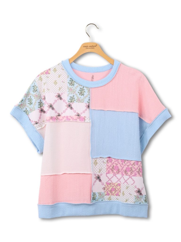 Peach, Blue, & Trail Corded Patchwork Top