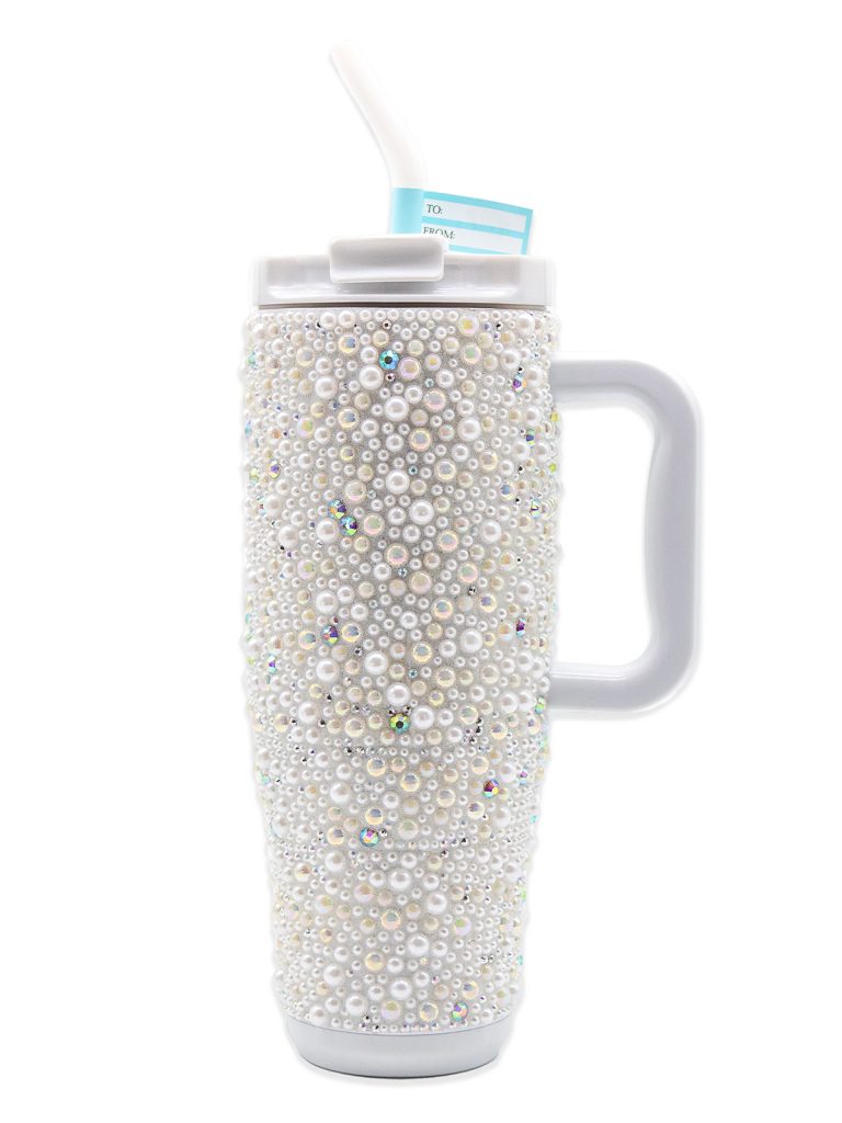 White Pearl Rhinestone 40 oz. Handle Tumbler
