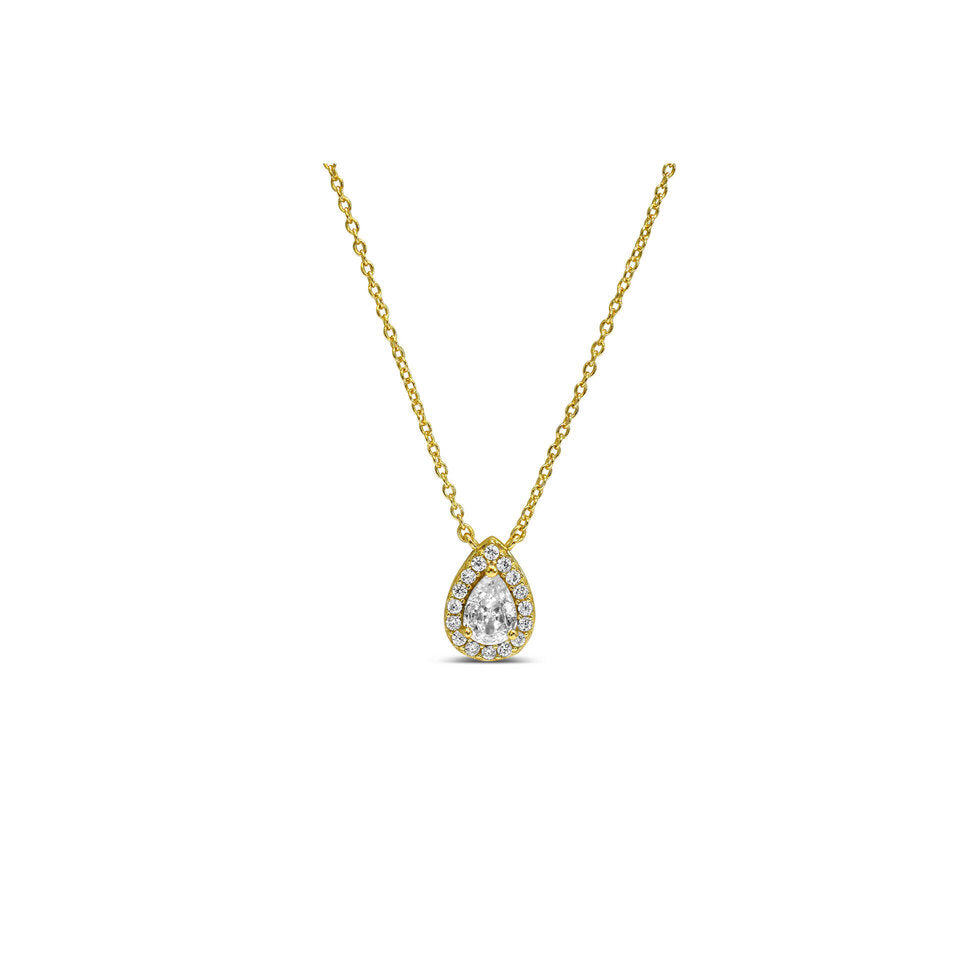 Gold Reversed Teardrop Solitaire Halo Necklace - Modern Glamour
