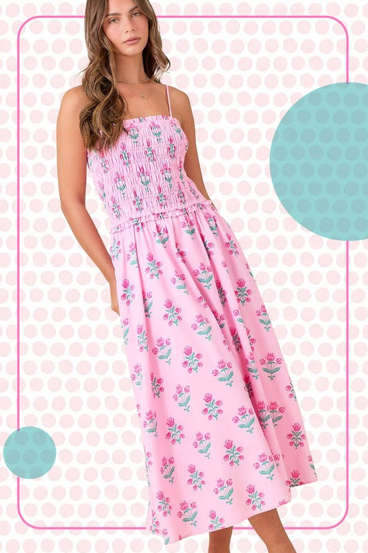 Pink Midi Smocking Floral Dress