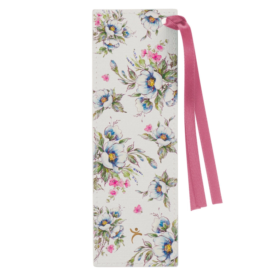 Give Thanks White Floral Psalm 107:1 Faux Leather Bookmark
