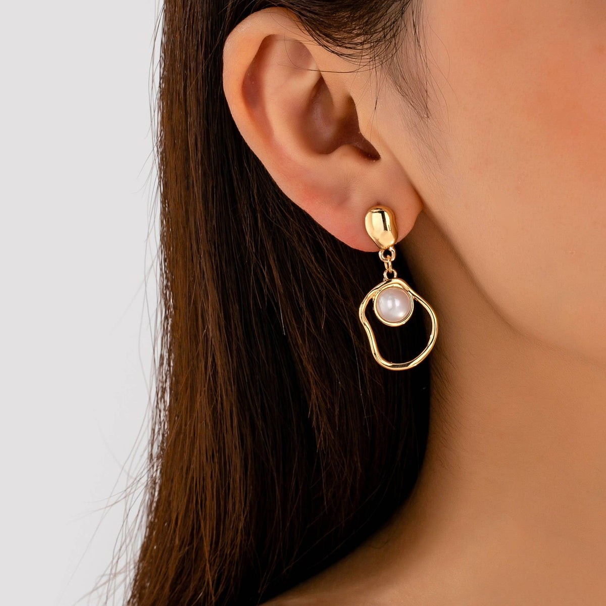 Abstract Molten Gold Pearl Drop Earrings