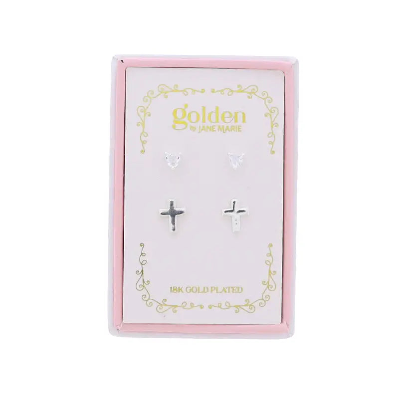 Kids 18K Gold Plated Silver Heart & Cross Earrings