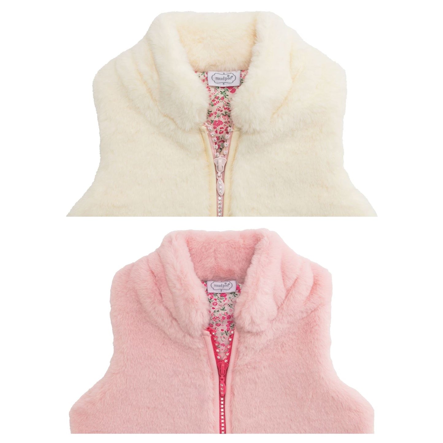 Mud Pie Pink & Ivory Fur Zip Vests