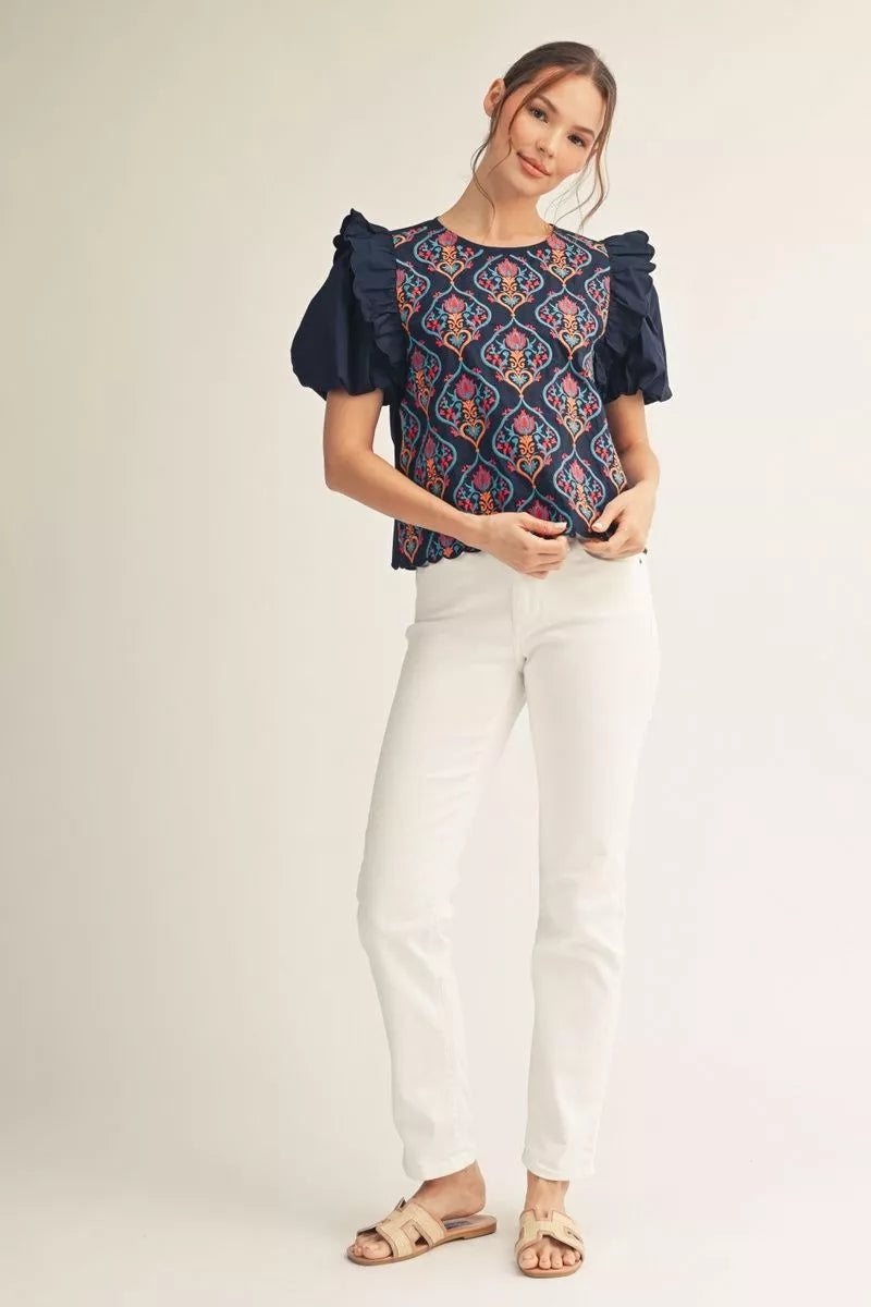 Navy Midnight Mosaic Puff Sleeve Top
