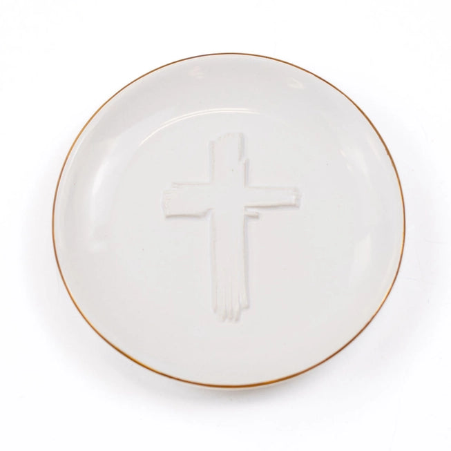 White & Gold Embossed Cross Trinket Dish