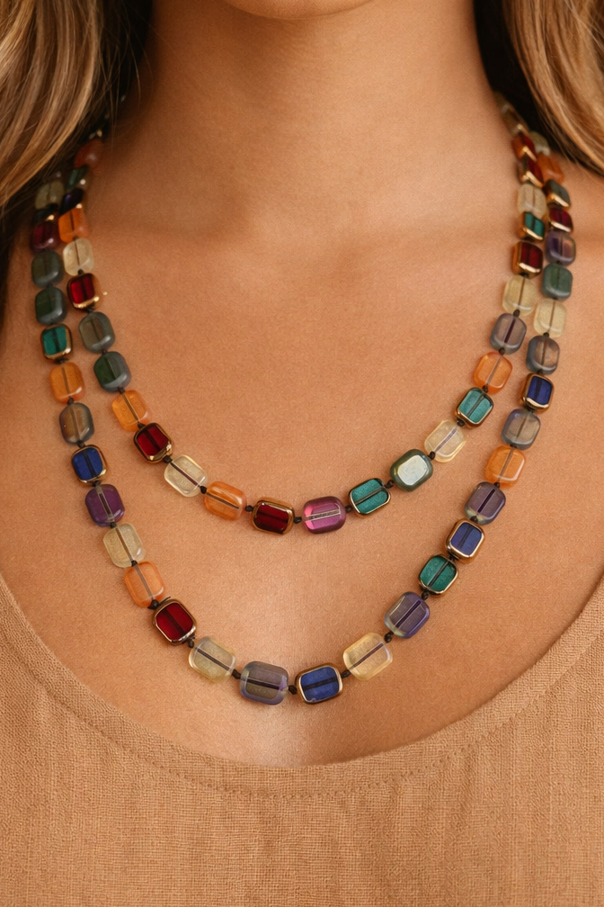 Long Colorful Square Glass Crystal Necklace