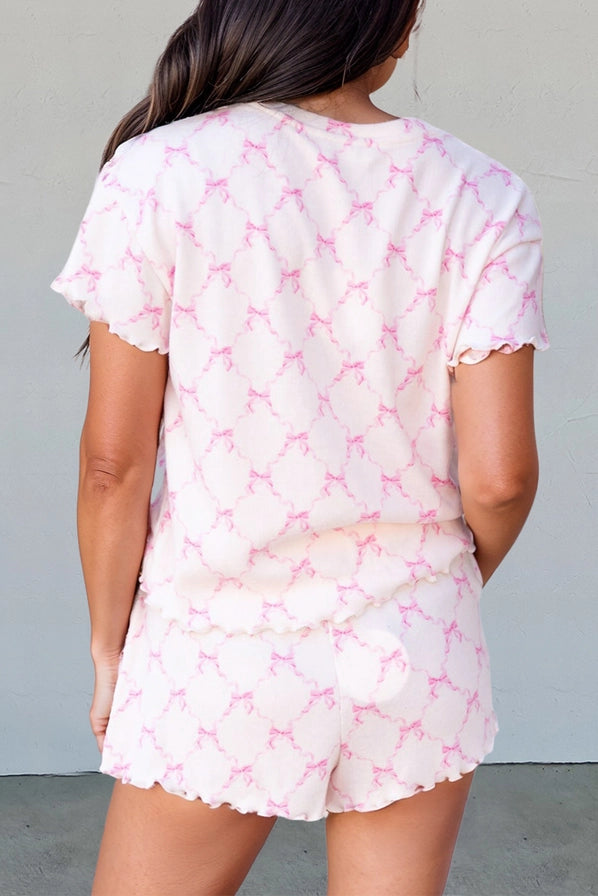 Bow Knot Lettuce Trim Lounge Shorts Set