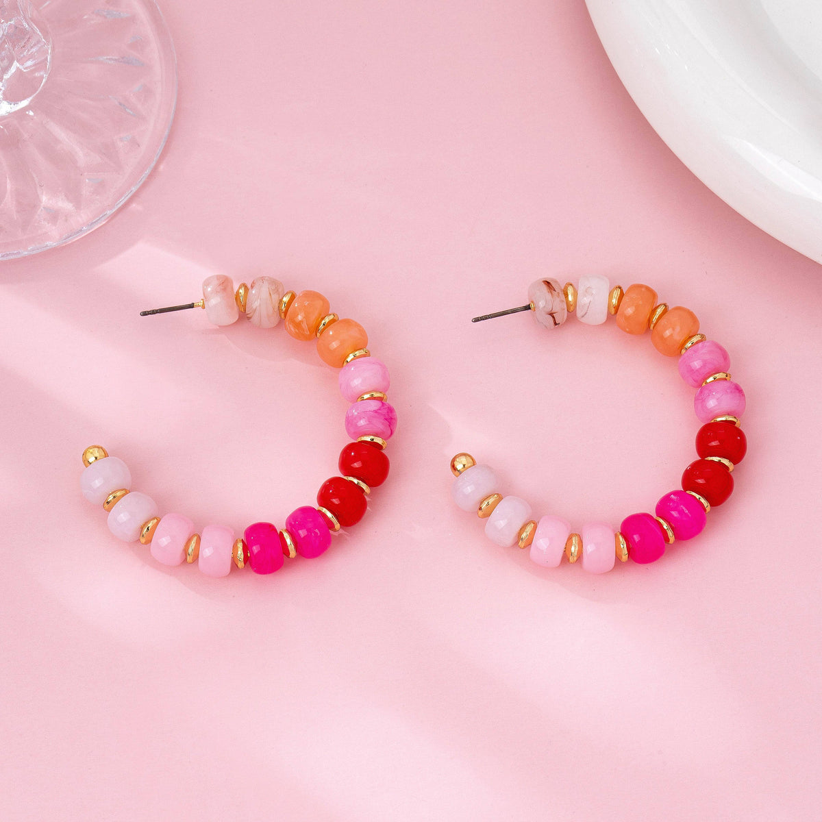 Pink Rainbow Beaded Hoop Earrings