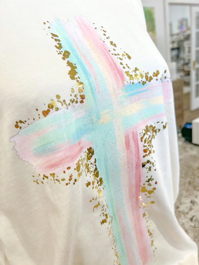 Pastel Painted Cross Gold Foil Tee