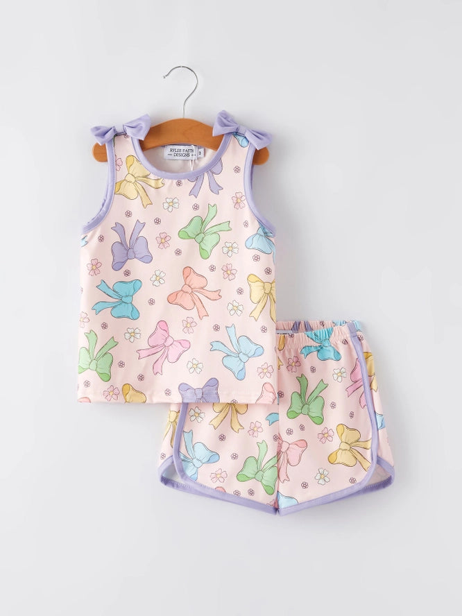 Youth Purple Bow Sleeveless Vest Top & Shorts Set
