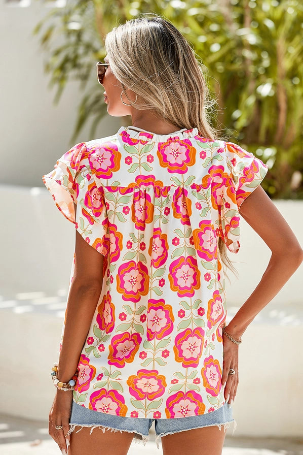Rose Floral Ric Rac Sophia Ruffle Sleeve Blouse