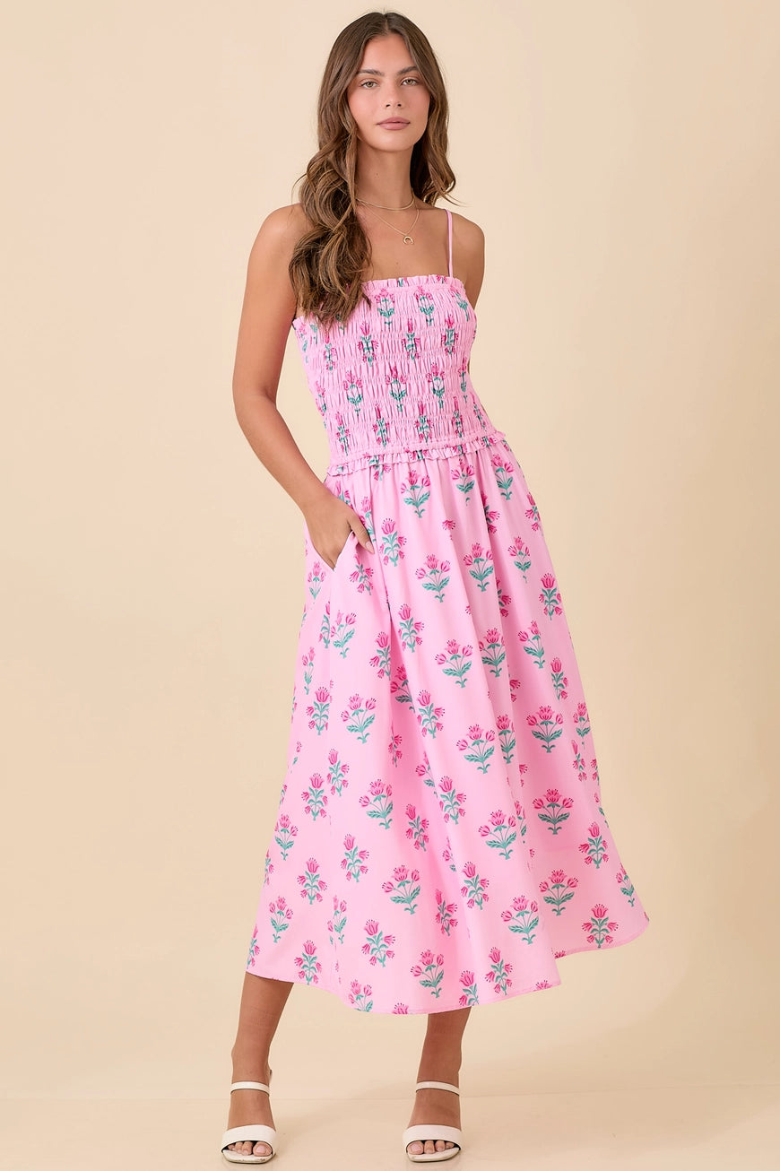 Pink Midi Smocking Floral Dress
