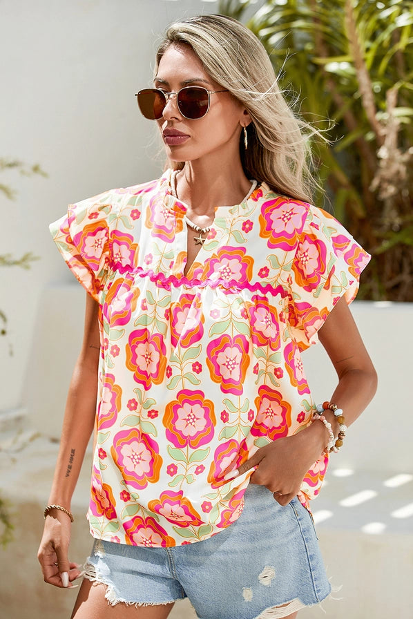 Rose Floral Ric Rac Sophia Ruffle Sleeve Blouse