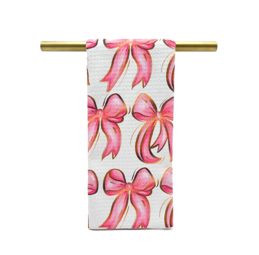Pink Bows Gold Foil Tea Towel