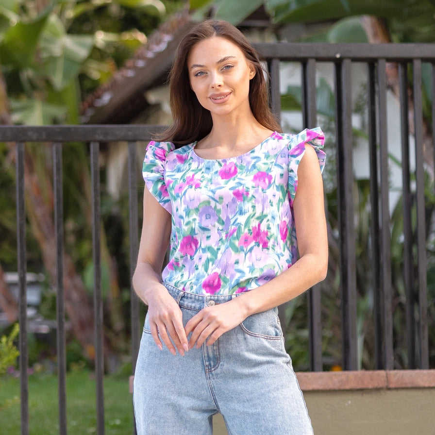 Orchid Floral Gabbie Top with Ruffled Sleeves
