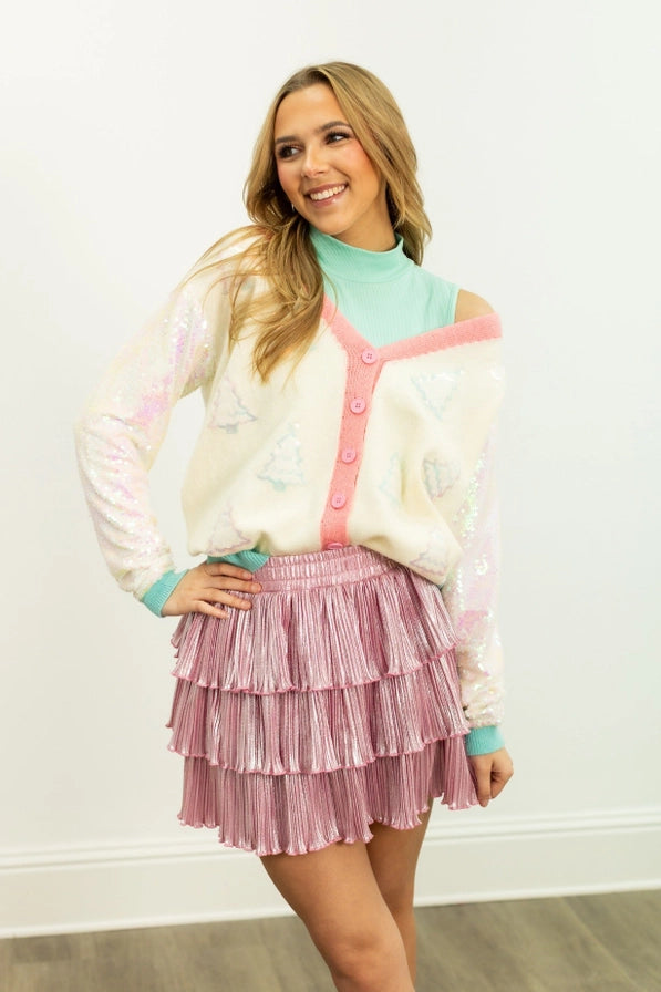 Ivory Glitter Trees Cardigan with Sequin Sleeves
