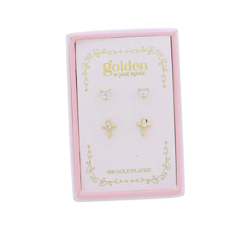 Kids 18K Gold Plated Heart & Crystal Cross Earrings