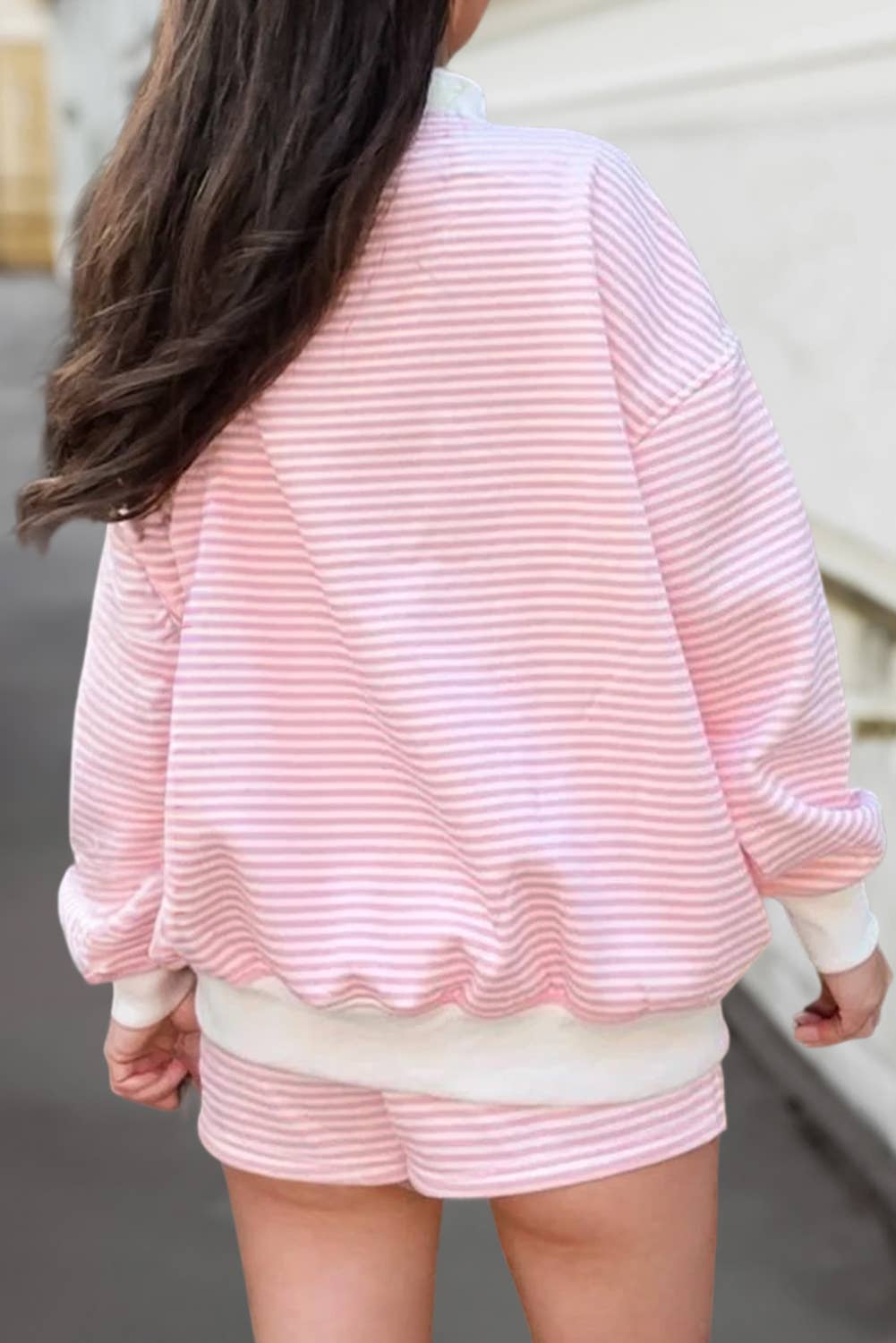 Light Pink Stripe Mock Neck Sweatshirt & Shorts Set