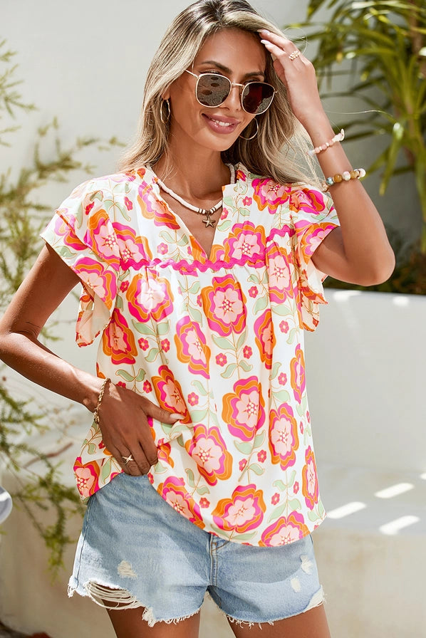 Rose Floral Ric Rac Sophia Ruffle Sleeve Blouse