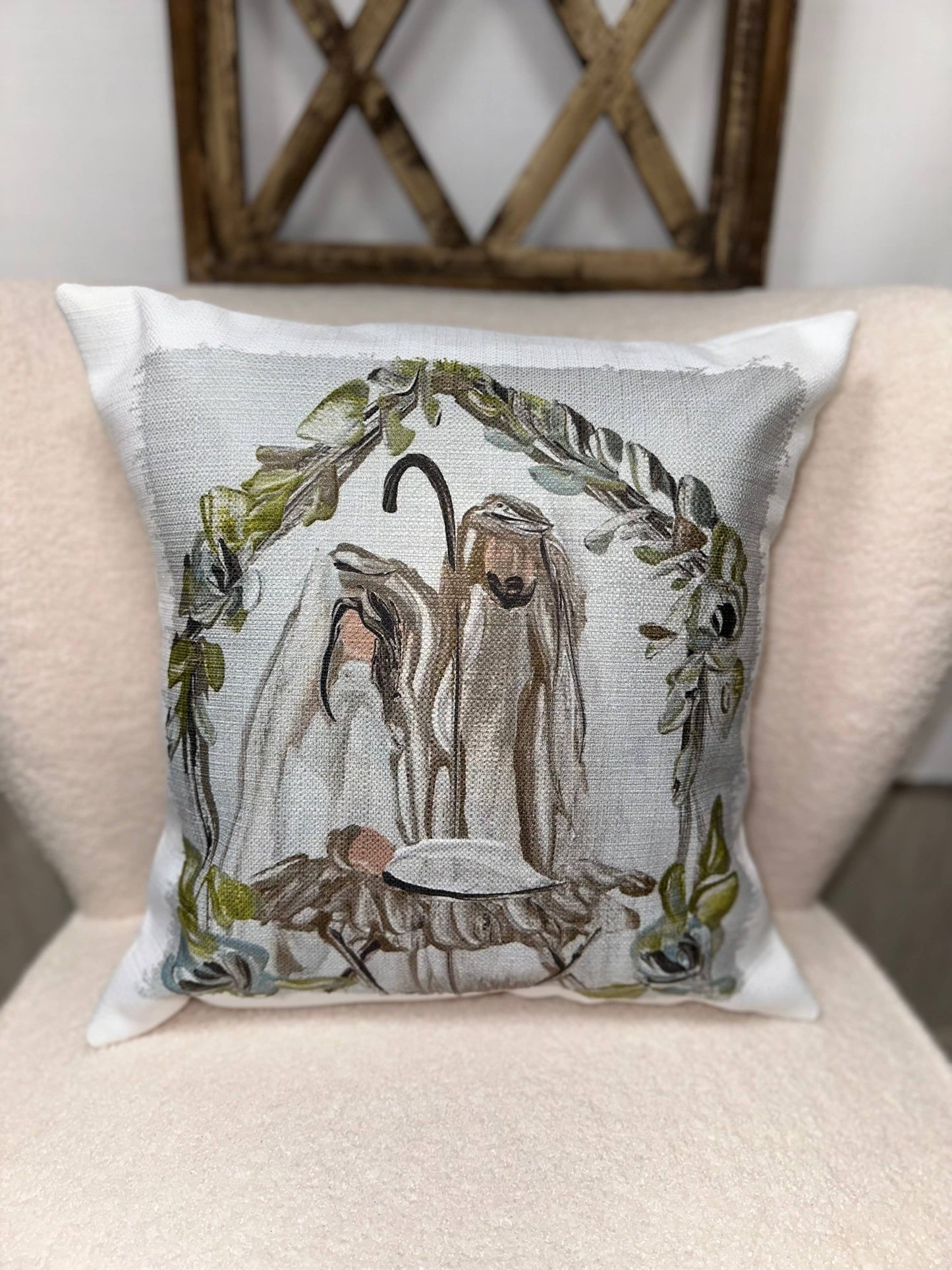 Nativity w/ Greenery Square Pillow