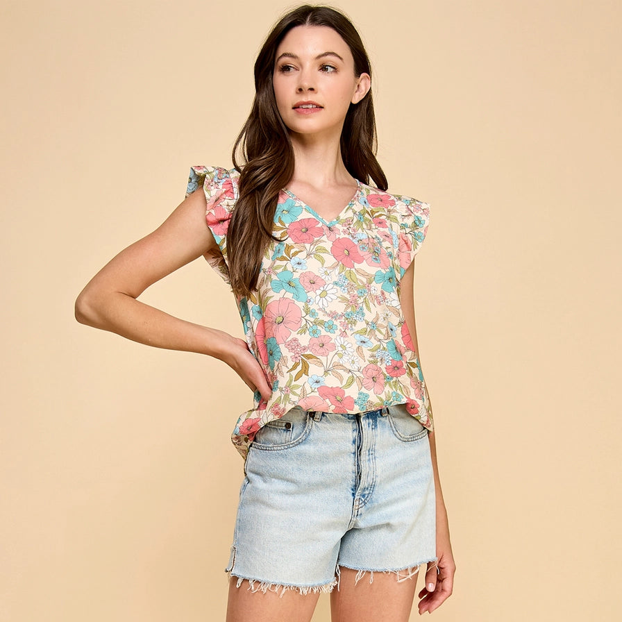 Cream Floral Ellie Top with Ruffled Sleeves