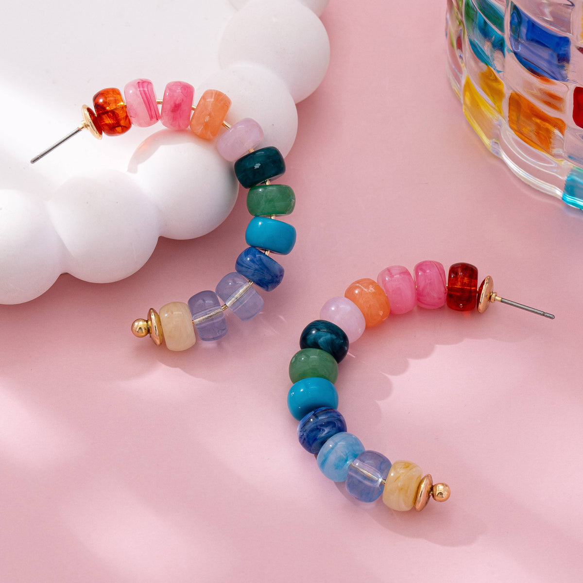 Multi Rainbow Beaded Hoop Earrings