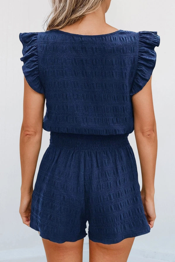 Navy Textured Square Neck Top & Shorts Set