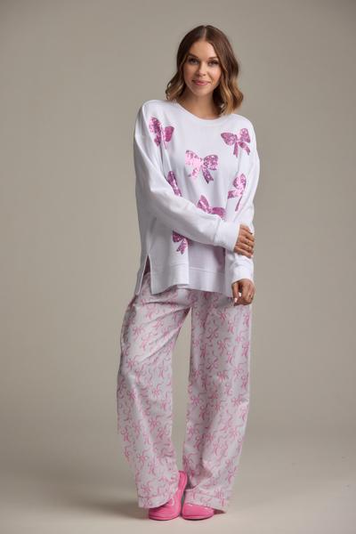 Mud Pie White Sequin Pink Bow Sweatshirt