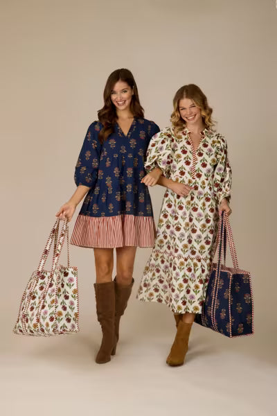 Mud Pie White Harvest Block Print Tote