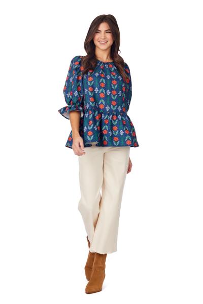 Mud Pie Navy Floral Pierce Flounce Top