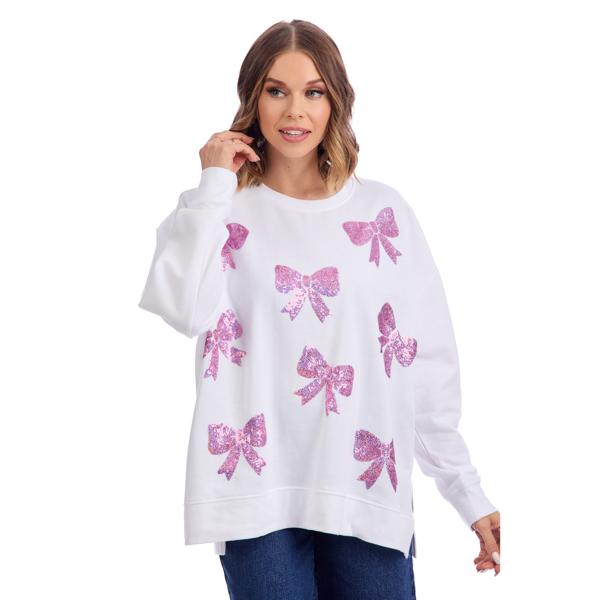 Mud Pie White Sequin Pink Bow Sweatshirt