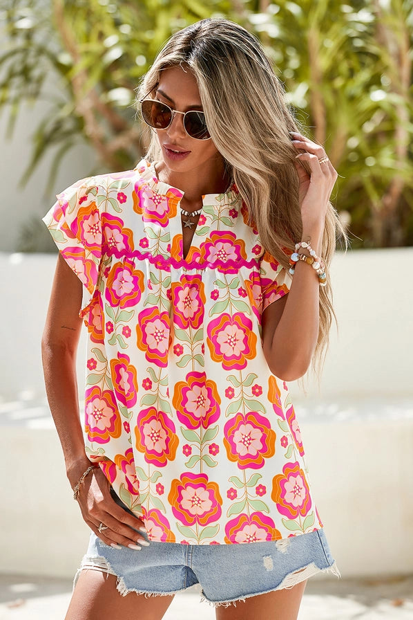 Rose Floral Ric Rac Sophia Ruffle Sleeve Blouse