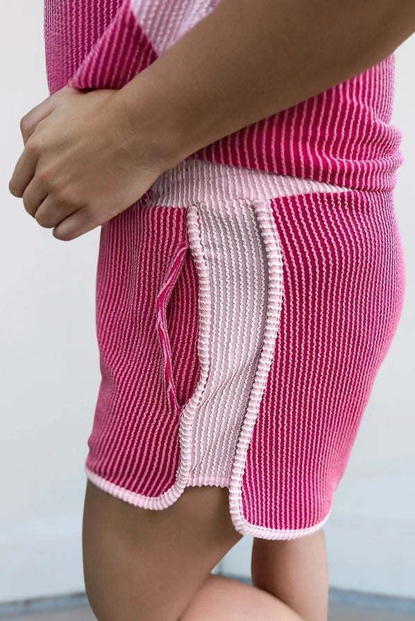 Pink Texture Patchwork Top & Short Set