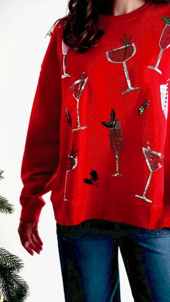 Mud Pie Red Sequin Drinks Sweatshirt