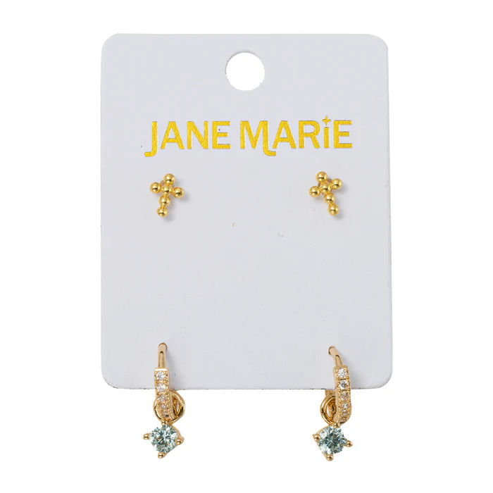 18K Gold Plated Bubble Cross with Huggie Earring Set