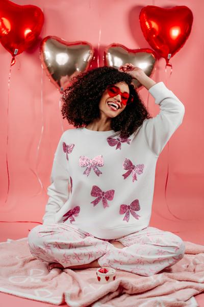 Mud Pie White Sequin Pink Bow Sweatshirt