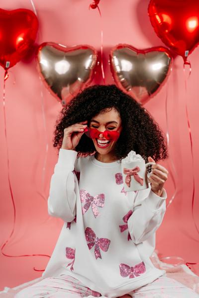 Mud Pie White Sequin Pink Bow Sweatshirt