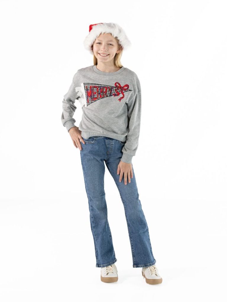 Youth Gray Merry Pendant Applique Crewneck