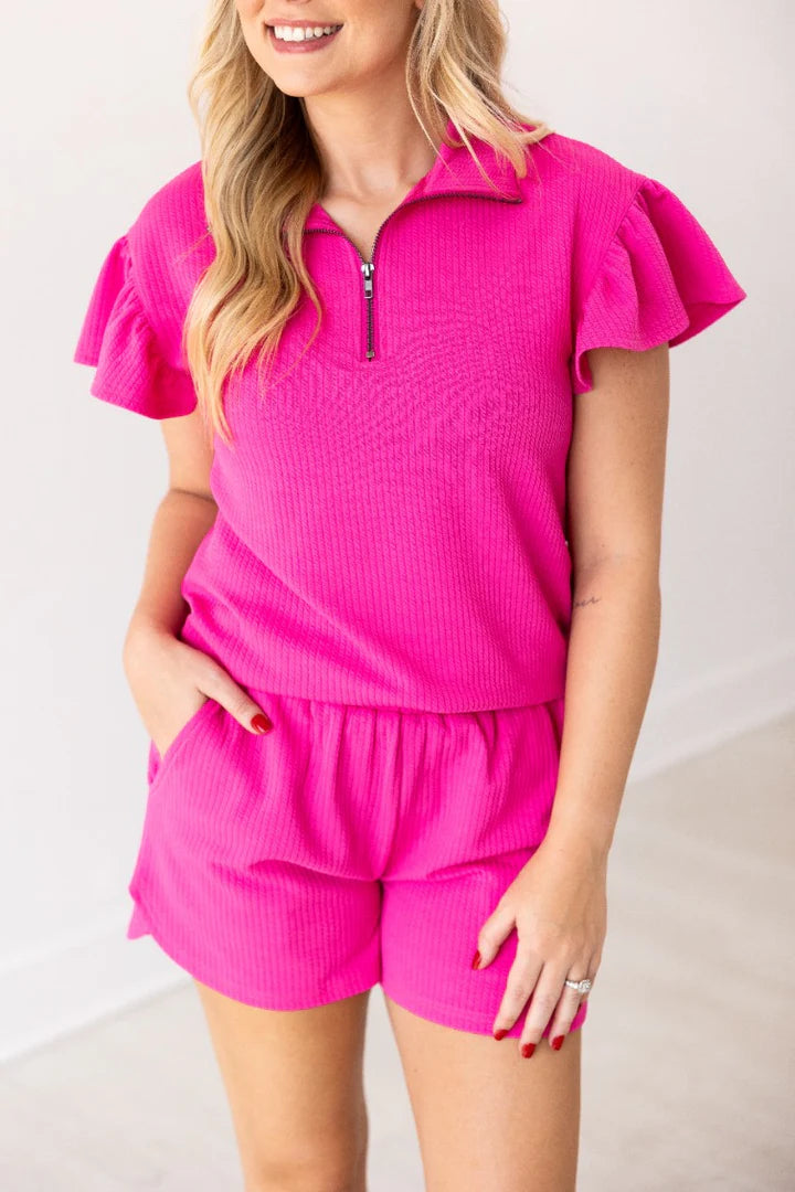 Hot Pink Emma Flutter Sleeve Quarter Zip Set