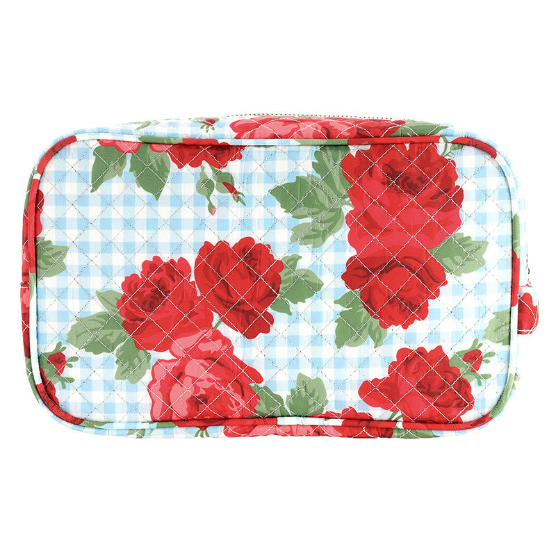 Blue Gingham + Red Roses Quilted Cosmetic Bag