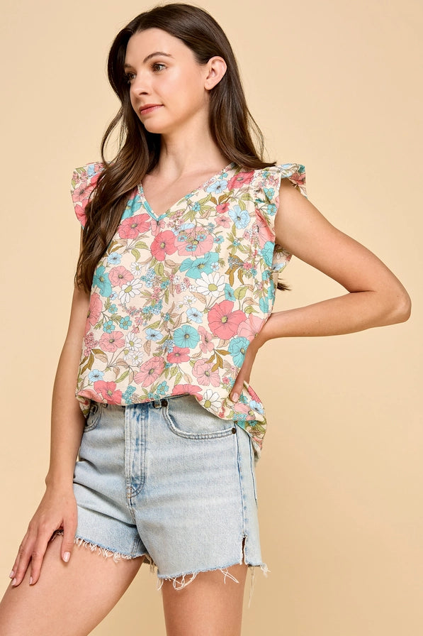 Cream Floral Ellie Top with Ruffled Sleeves