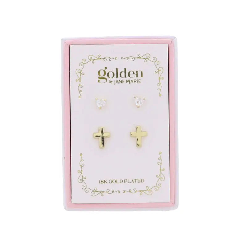 Kids 18K Gold Plated Heart & Cross Earrings