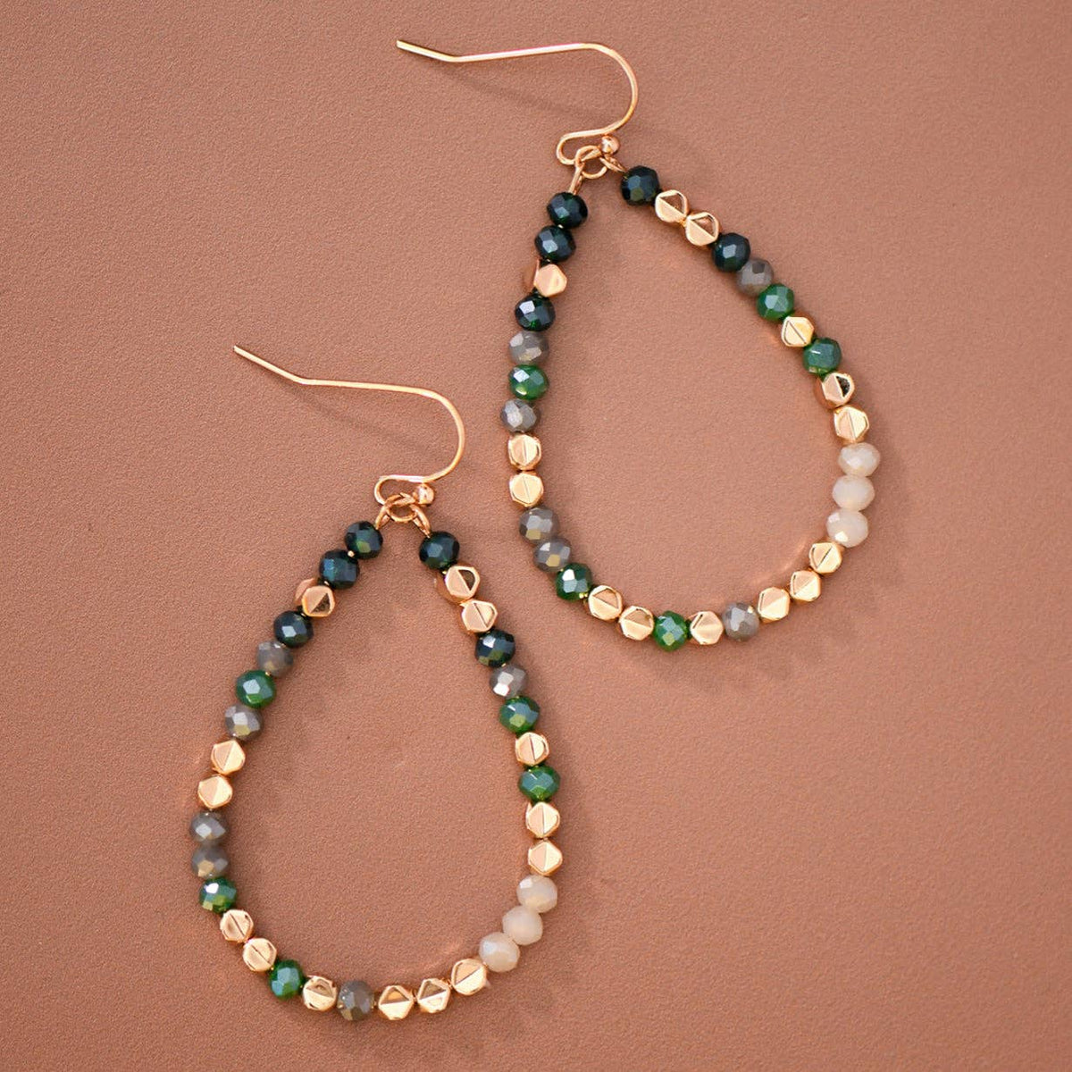Green & Gray Crystal Beaded Teardrop Earrings