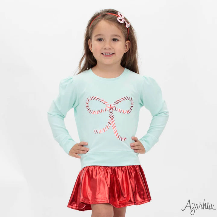Youth Mint Candy Cane Bow Sequin Holly Top