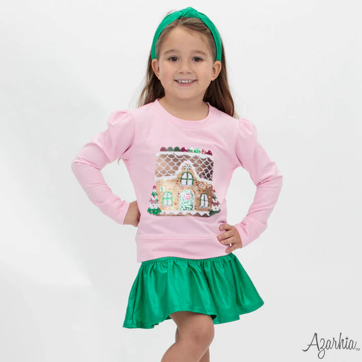 Youth Pink Gingerbread House Sequin Holly Top