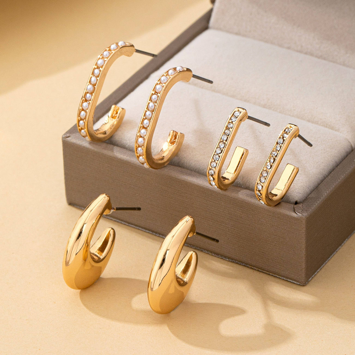 Rhinestone Pearl Huggie Hoop Trio Earring Set