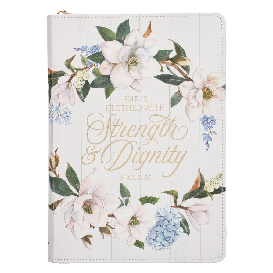 White Strength & Dignity Prov. 31:25 Classic Zip Journal