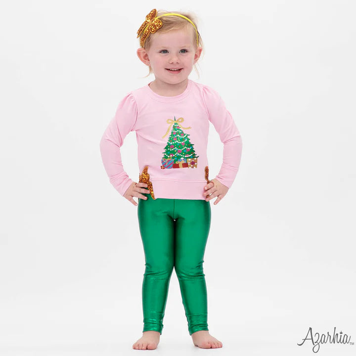 Youth Pink Christmas Tree Glitter Holly Top